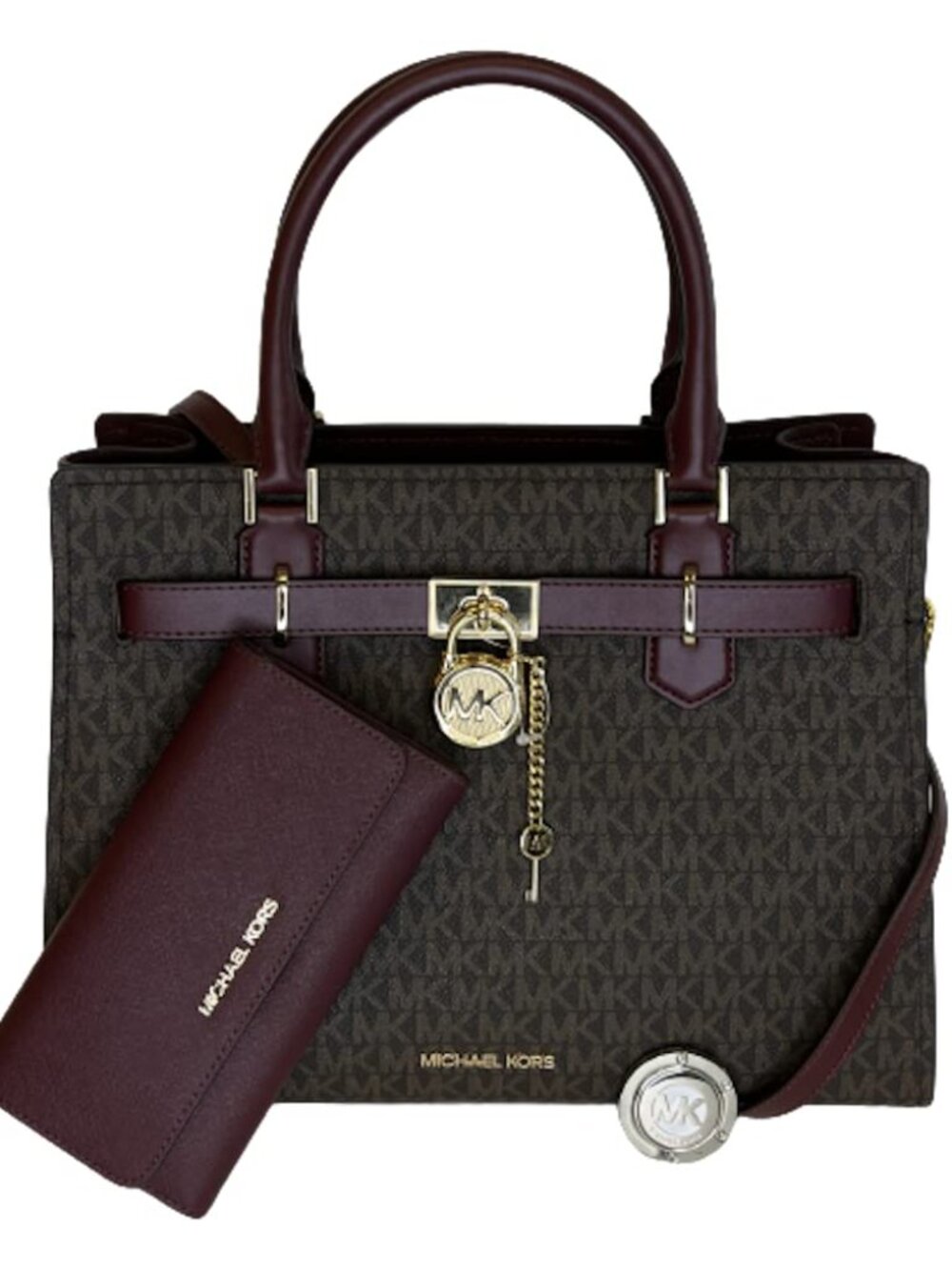 Michael Kors Hamilton Medium Signature Satchel Merlot Wallet Bundle New Tags